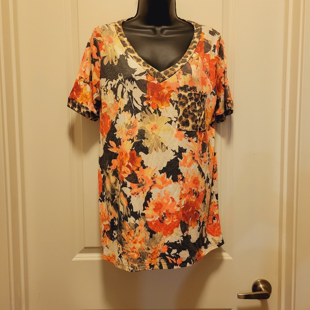 Distressed Floral & Cheetah Print Boutique Blouse